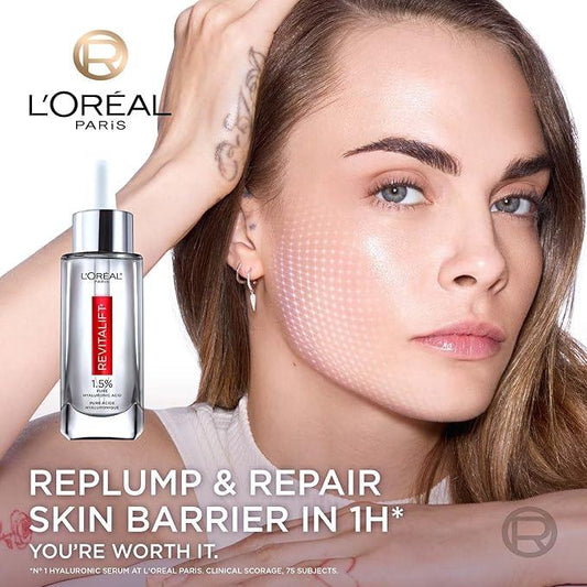 L’Oréal Paris 1.5% Pure Hyaluronic Acid Face Serum, Hydrates and Plumps Skin, Reduces the Look of Wrinkles, Revitalift, For All Skin Tones & Types, Fragrance Free, Non Comedogenic, 30ml - Which Mark