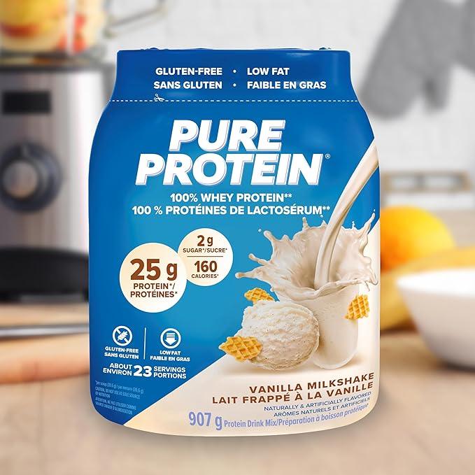 Pure Protein Whey Powder - High Protein (25 g/scoop), Low Sugar (2 g/scoop), Gluten Free - Fast-Acting Formula, Vanilla, 907g - Which Mark