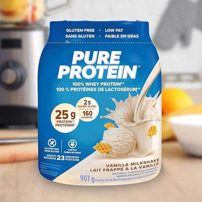 Pure Protein Whey Powder - High Protein (25 g/scoop), Low Sugar (2 g/scoop), Gluten Free - Fast-Acting Formula, Vanilla, 907g - Which Mark