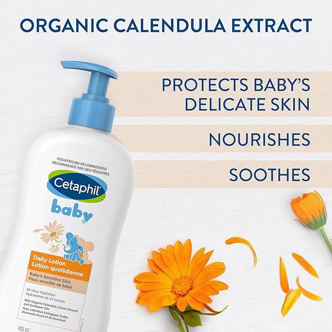 Cetaphil Baby Daily Lotion with Organic Calendula, Gentle Baby Lotion for Face & Body, 24 Hr Hydration for Dry and Irritated Skin, Paraben Free, Mineral Oil Free, Dermatologist Recommended, 400ml pump - Which Mark