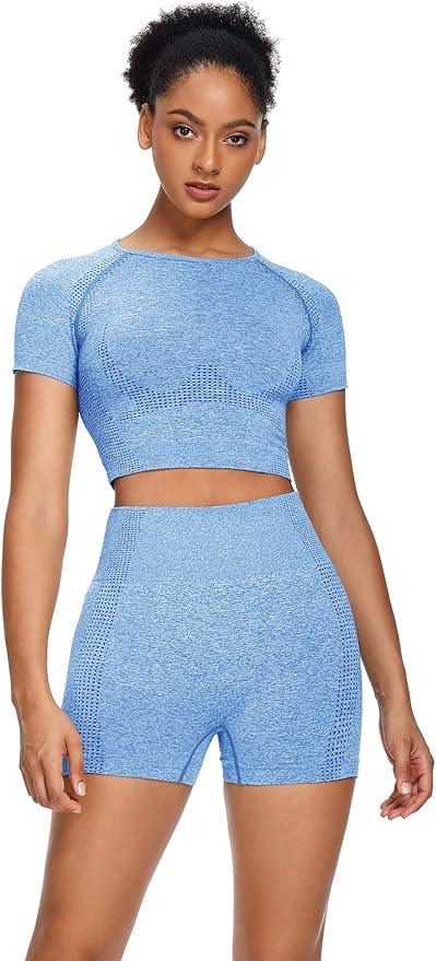 Sytiz Women Seamless Yoga Outfits 2 Piece Set Workout Gym Shorts + Short Sleeve Crop Top - Which Mark