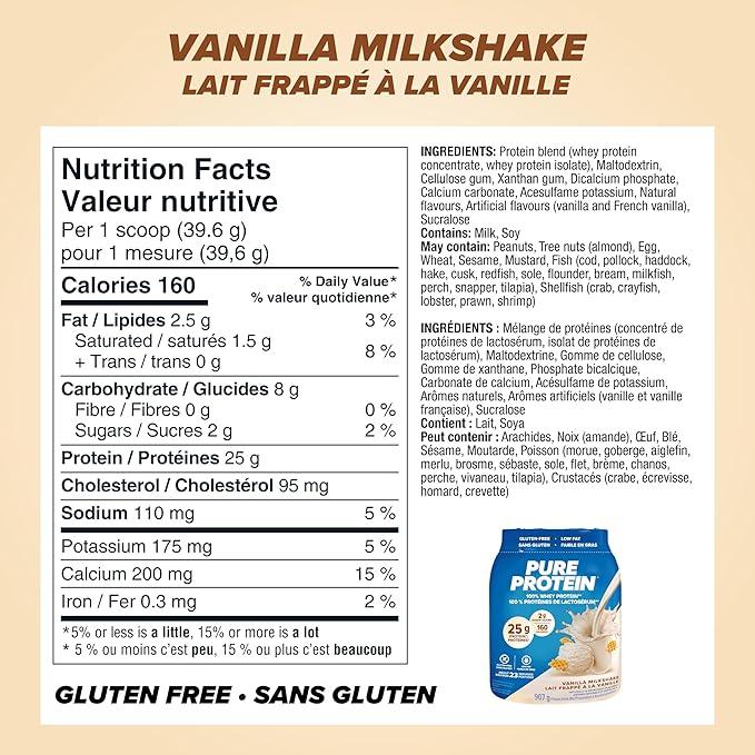 Pure Protein Whey Powder - High Protein (25 g/scoop), Low Sugar (2 g/scoop), Gluten Free - Fast-Acting Formula, Vanilla, 907g - Which Mark