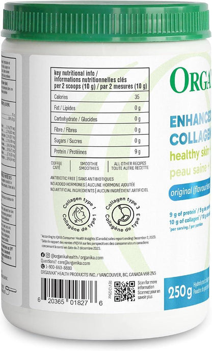 Organika Canadian-Made Enhanced Collagen Powder - for Healthy Hair, Skin, Nails, and Joints. Hydrolyzed Protein Peptides for Better Absorption- Grass-Fed, Non-GMO- Unflavoured- 250g - Which Mark