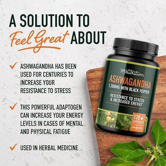 Ashwagandha Supplement 1300MG | High Strength Resistance to Stress & Increase Energy | Organic Ashwagandha Powder Capsules with Black Pepper for Increased Absorption | 120 Count 2-Month Supply - Which Mark