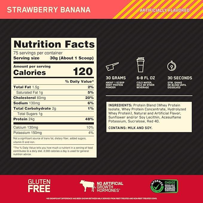 OPTIMUM NUTRITION GOLD STANDARD 100% Whey Protein Powder, Strawberry- Banana, 2.27 kg - Which Mark