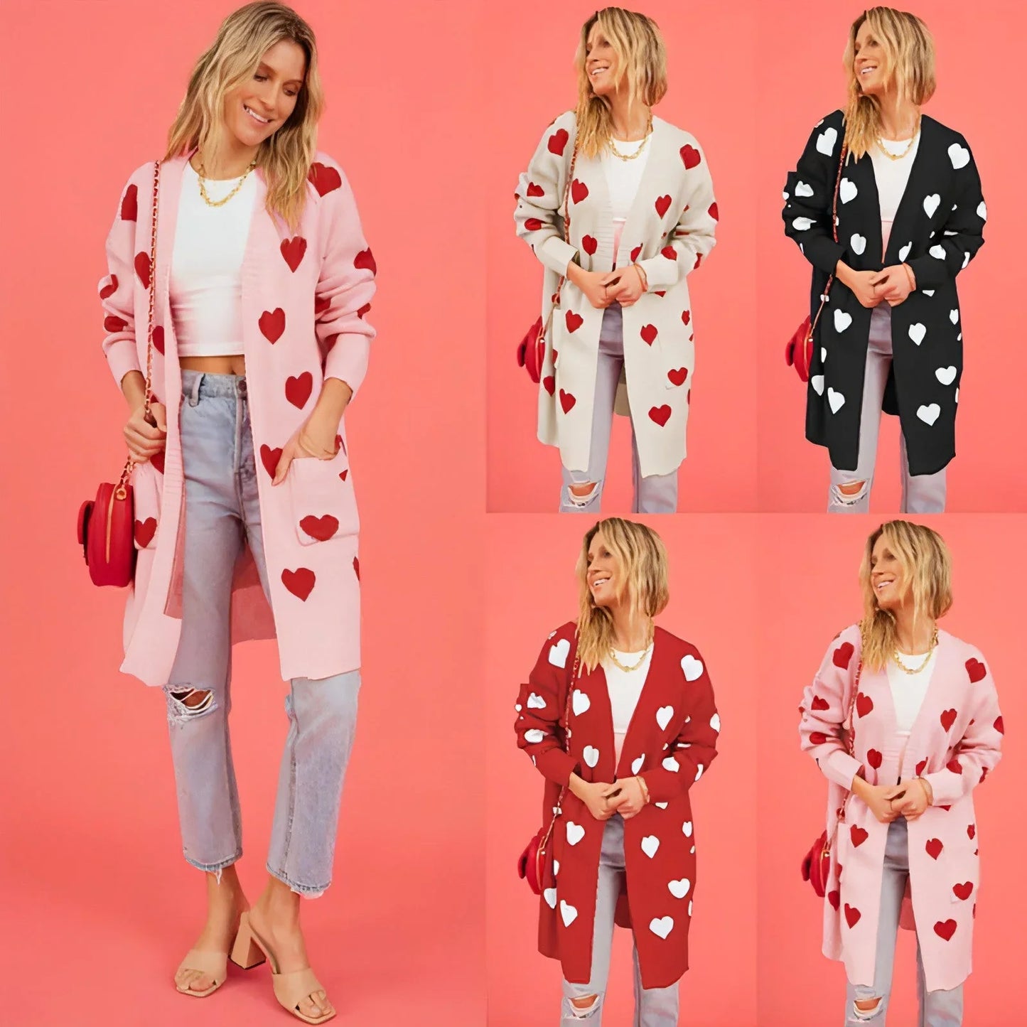 Heart Knitted Cardigan Love Pocket V-neck Mid-length Sweater - Which Mark