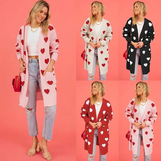 Heart Knitted Cardigan Love Pocket V-neck Mid-length Sweater - Which Mark