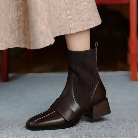 Large Brown Square Toe Mid-heel Soft Leather Shoes - Which Mark