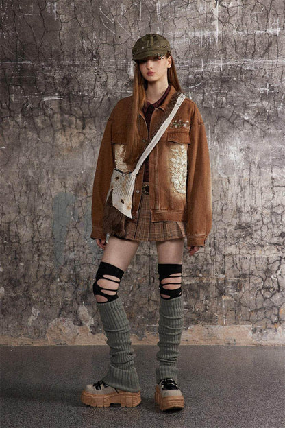 Floral Embroidery Spray Painting Denim Jacket Men & Women Punk - Which Mark