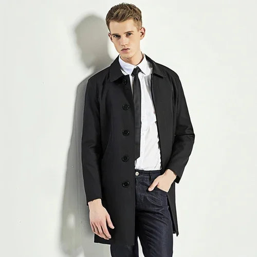 Men Trench Coat Navy Blue Single Breasted - Which Mark