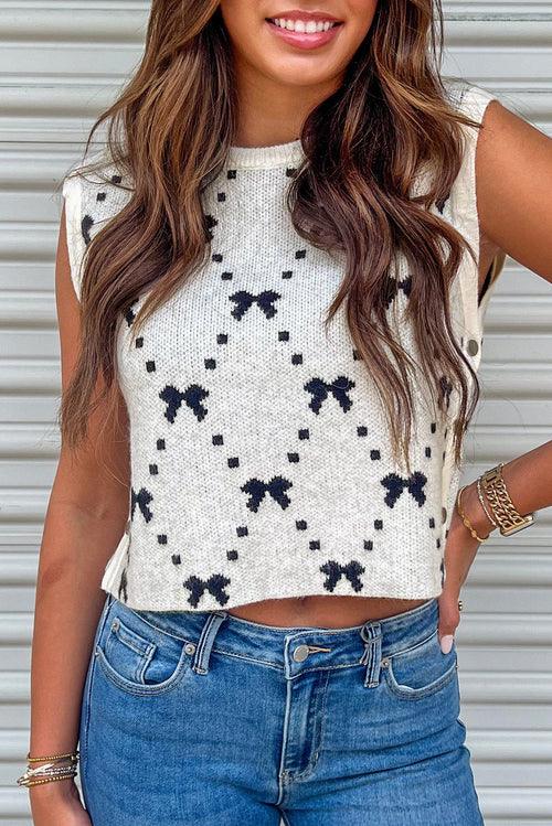 White Bow Pattern Buttoned Side Cropped Sweater Vest - Which Mark