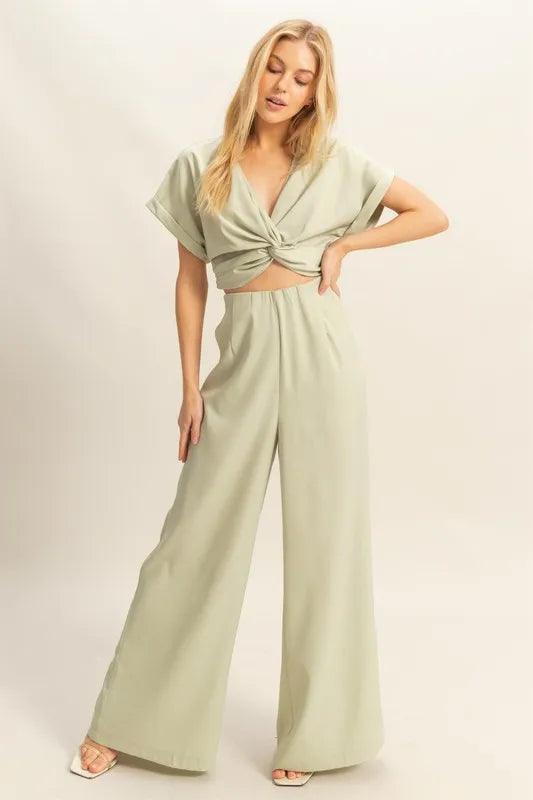 HYFVE Twisted Front Short Sleeve Top and Wide Leg Pants Set - Which Mark
