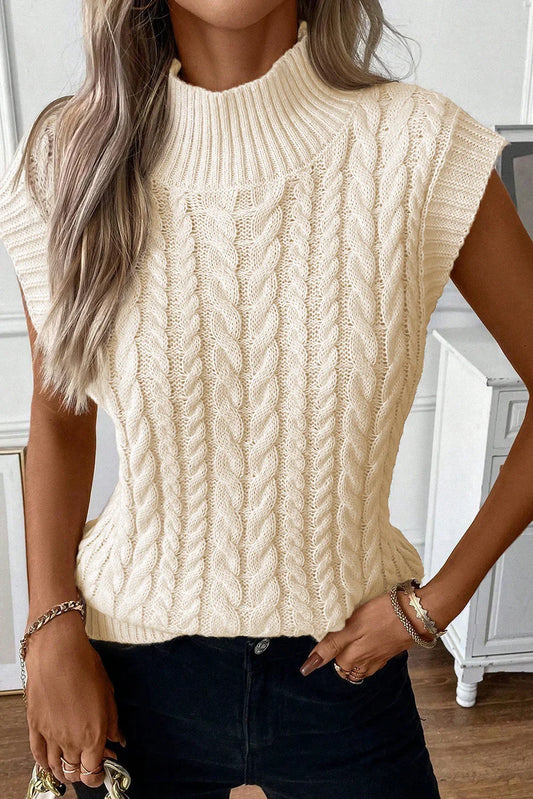 Oatmeal Cable Knit High Neck Sweater Vest - Which Mark