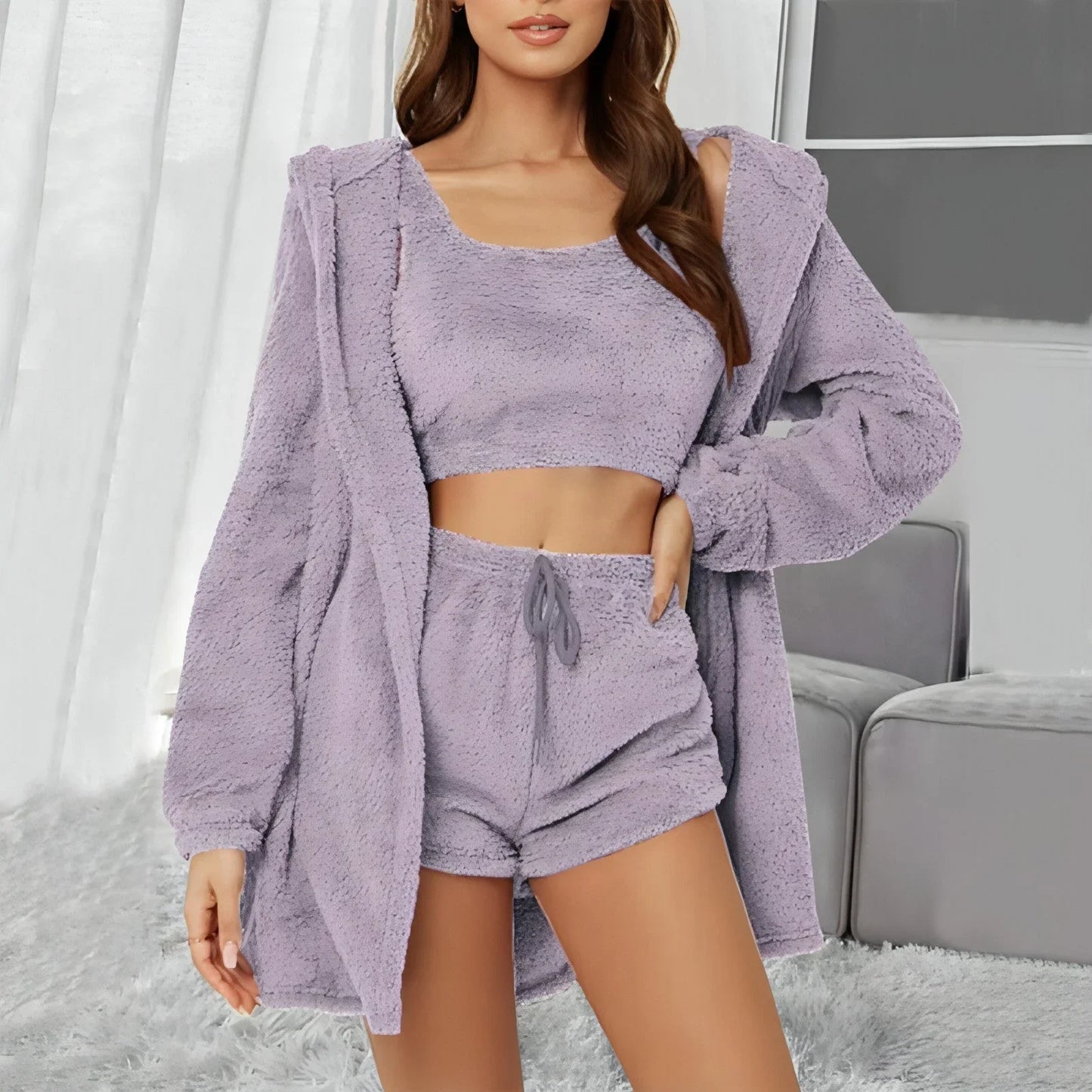 Suits 3pcs Winter Solid Color Double-sided Plush Warm Thickened Hooded - Which Mark