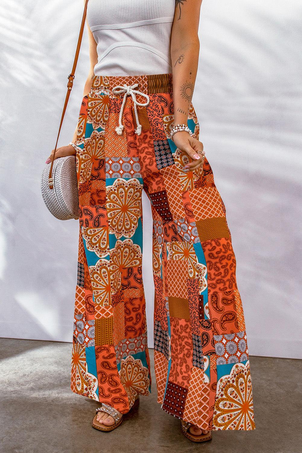 Bohemian Patchwork Drawstring Wide Leg Pants - Which Mark