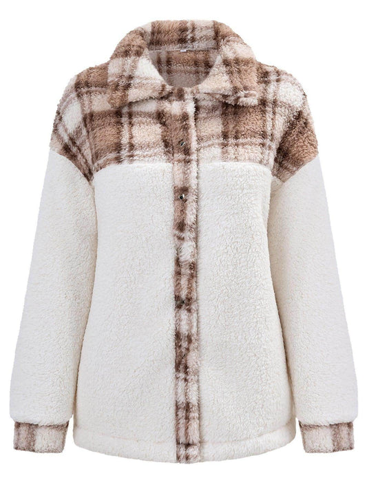 Women's Patchwork Lapel Loose Long Sleeve Plush Coat Jacket - Which Mark