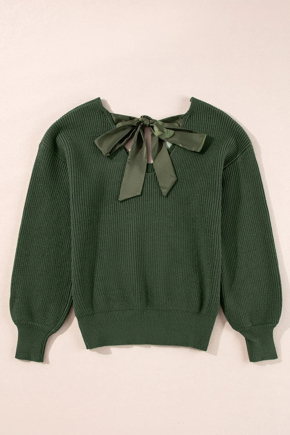 Jungle Green Lantern Sleeve V Neck Knot Back Sweater - Which Mark
