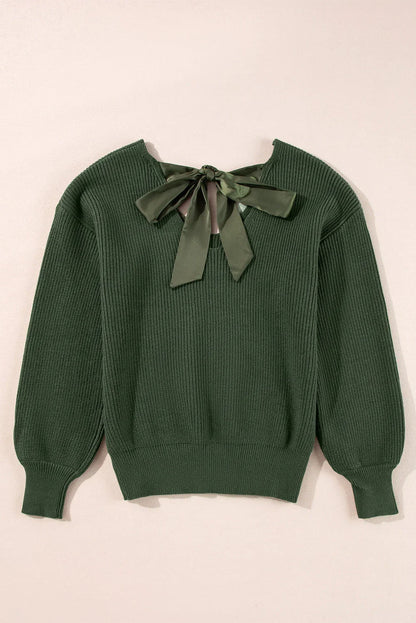 Jungle Green Lantern Sleeve V Neck Knot Back Sweater - Which Mark