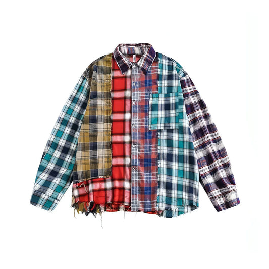 Multi-color Mosaic Plaid Fringed Hem Long Sleeve DressShirt Men - Which Mark