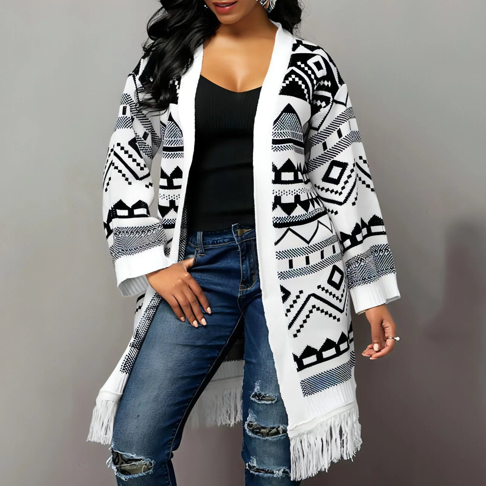 Ladies Tassel Hem Jacquard Cardigan Sweater - Which Mark