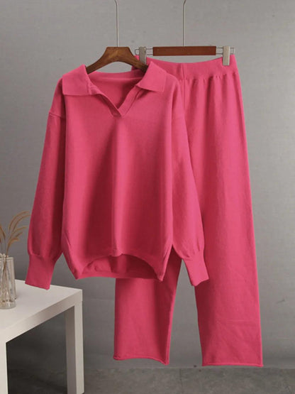 Johnny Collar Long Sleeve Top and Pants Sweater Set - Which Mark