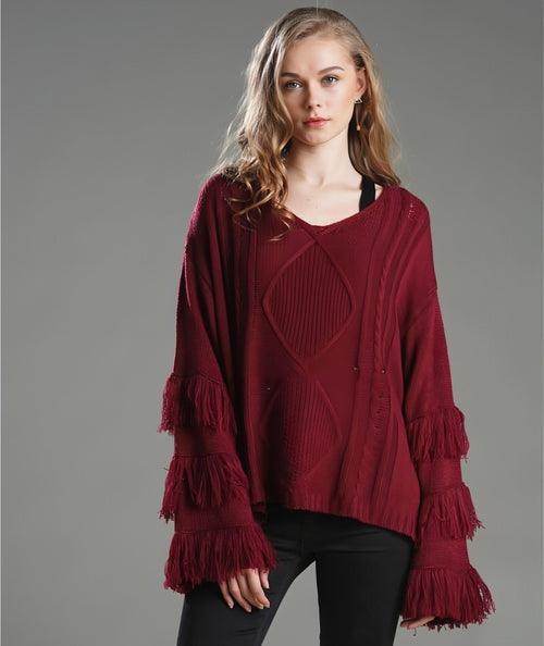 Pullover Loose Sweater Women Tassel Pure Color - Which Mark