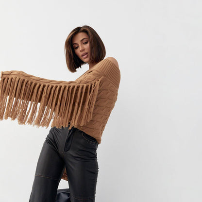 A Pure Color Elegant Style Woolen Tassel Design Sweater Women - Which Mark