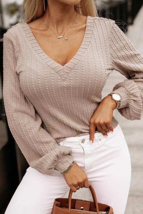 Khaki Knitted Jacquard V Neck Lantern Sleeve Top - Which Mark