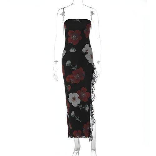 Printed Lace Stitching Wrapped Chest Dew Dress - Which Mark