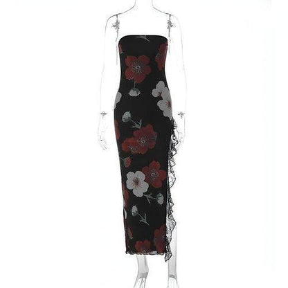 Printed Lace Stitching Wrapped Chest Dew Dress - Which Mark