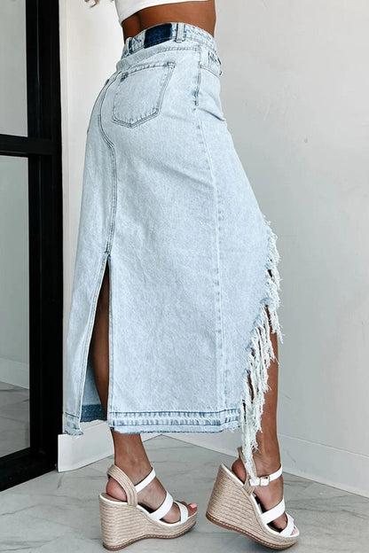 Asymmetric Distressed High-Low Denim Skirt - Which Mark