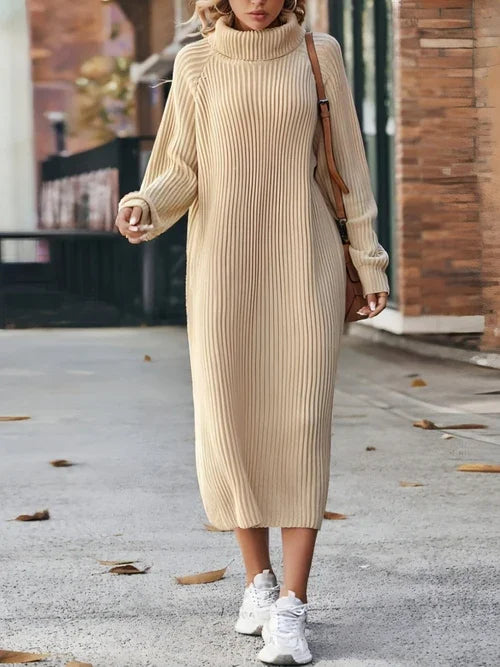 Long Below The Knee Loose High Collar Knitted Dress Sweater - Which Mark