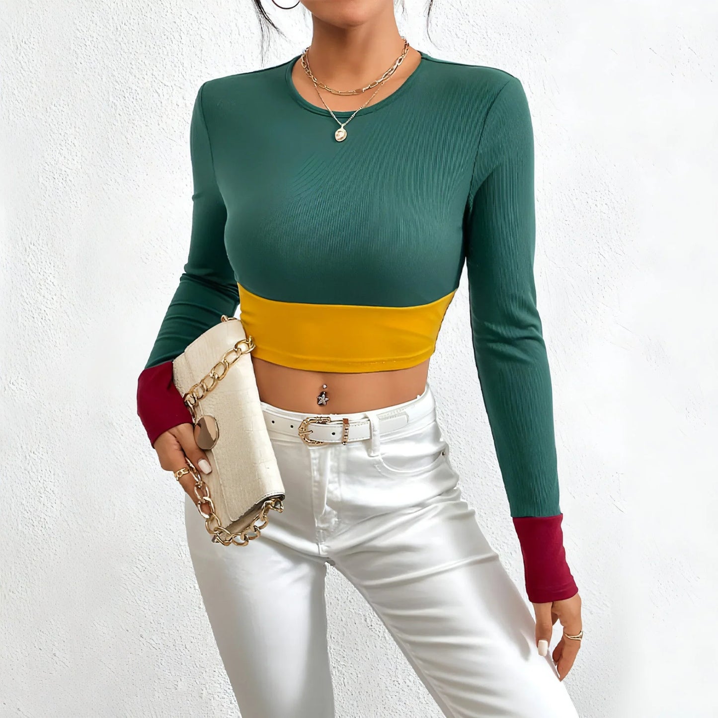 Slim Fit O-neck Short Stitching Long Sleeve T-shirt Women - Which Mark