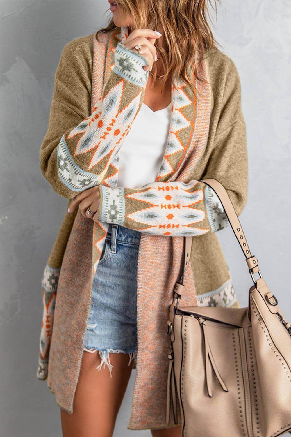 Khaki Aztec Print Open Front Knitted Cardigan - Which Mark