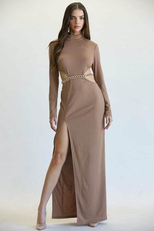 Long Sleeve Ribbed Maxi Dress with High-Neck & Cutout waist - Which Mark