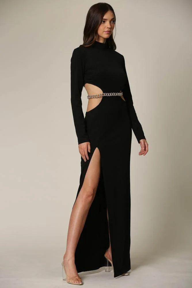 Long Sleeve Ribbed Maxi Dress with High-Neck & Cutout waist - Which Mark