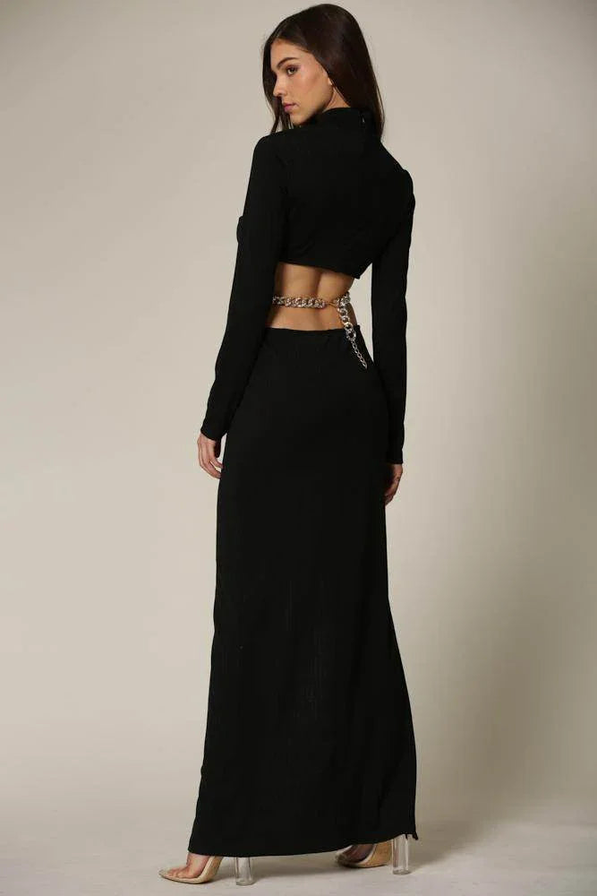 Long Sleeve Ribbed Maxi Dress with High-Neck & Cutout waist - Which Mark