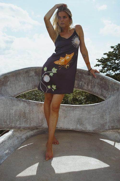Vela Silk Slip Dress in Black Jungle Butterfly - Which Mark