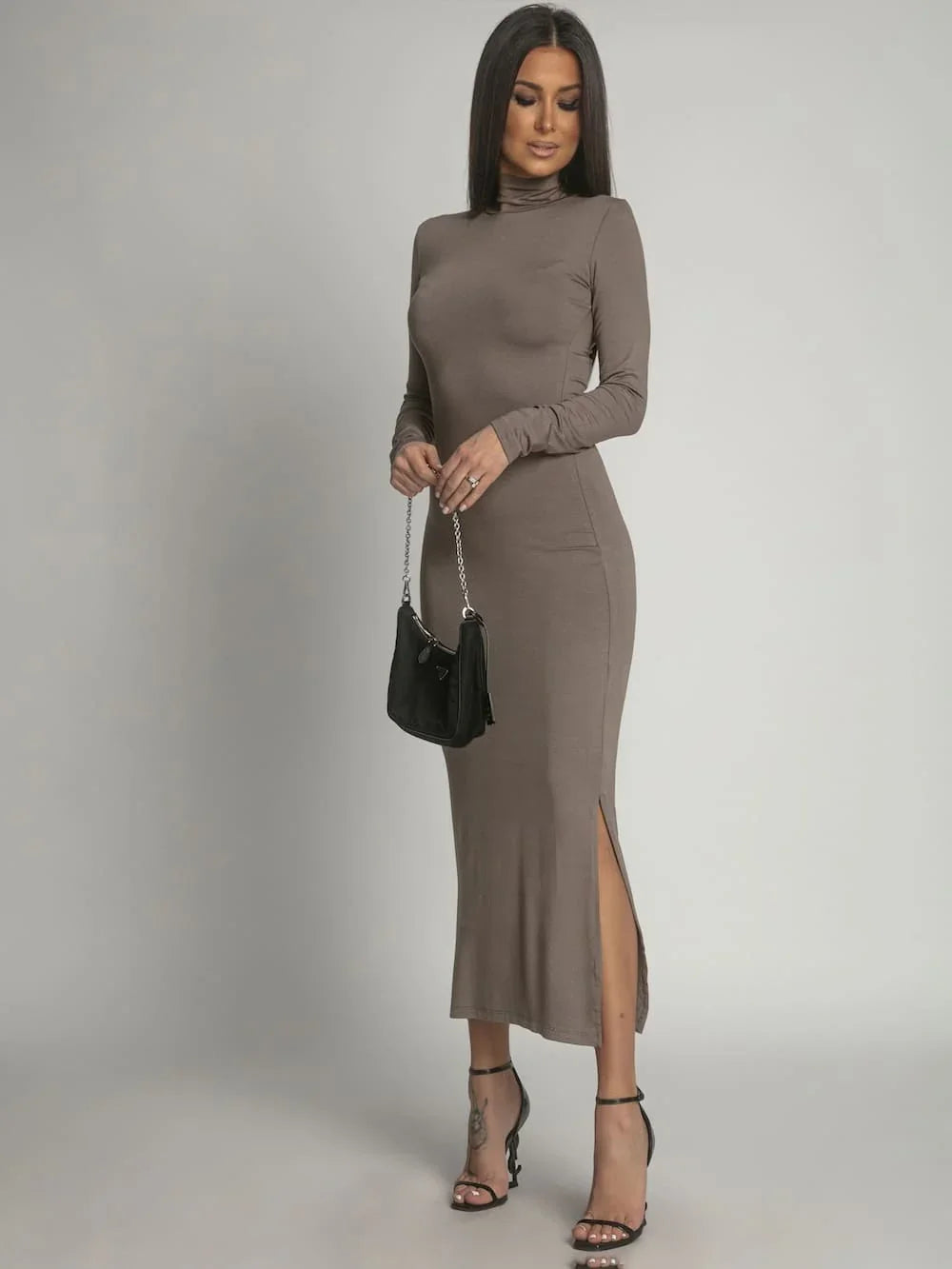 Smooth long-sleeved cappuccino turtleneck dress FG678 - Which Mark