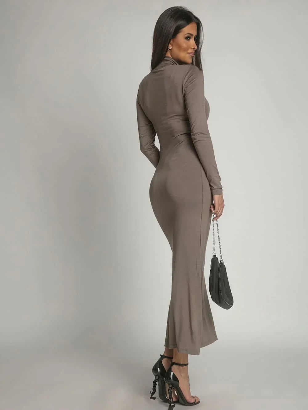Smooth long-sleeved cappuccino turtleneck dress FG678 - Which Mark