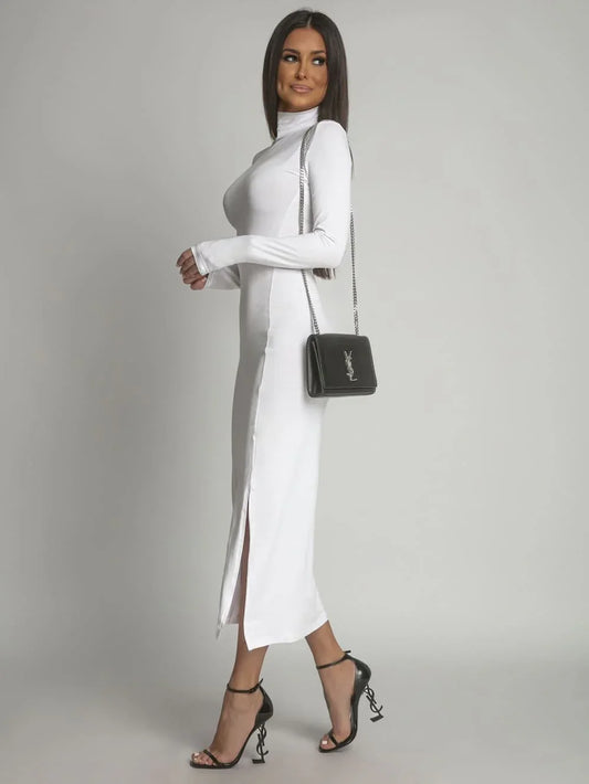 Smooth dress with long sleeves and a turtleneck, white FG678 - Which Mark