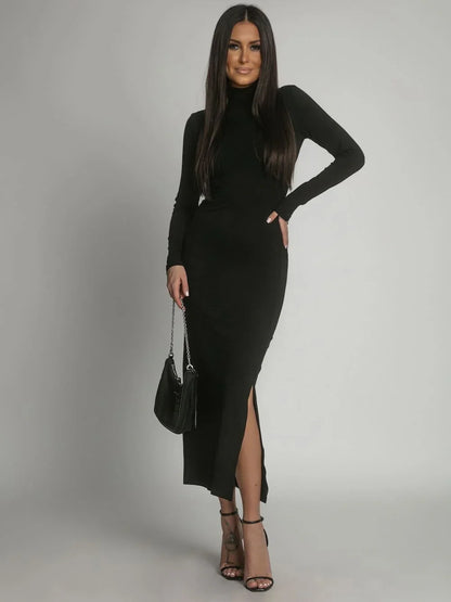 Smooth dress with long sleeves and a turtleneck, black FG678 - Which Mark
