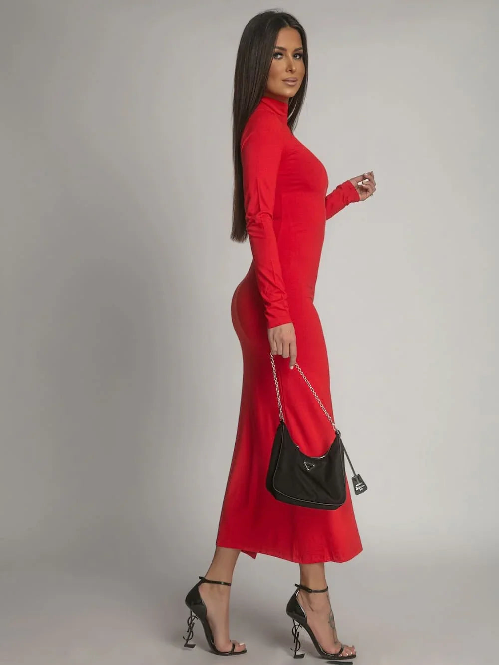 Smooth long-sleeved turtleneck dress, red FG678 - Which Mark