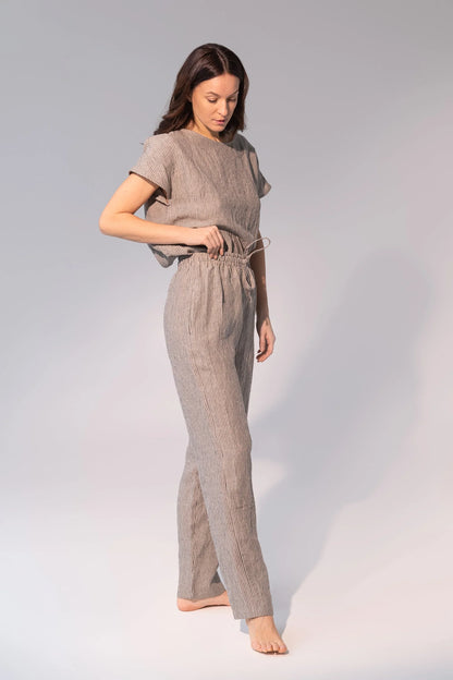 Striped Dark Grey linen / Natural Linen Pajama set / Linen loungewear - Which Mark