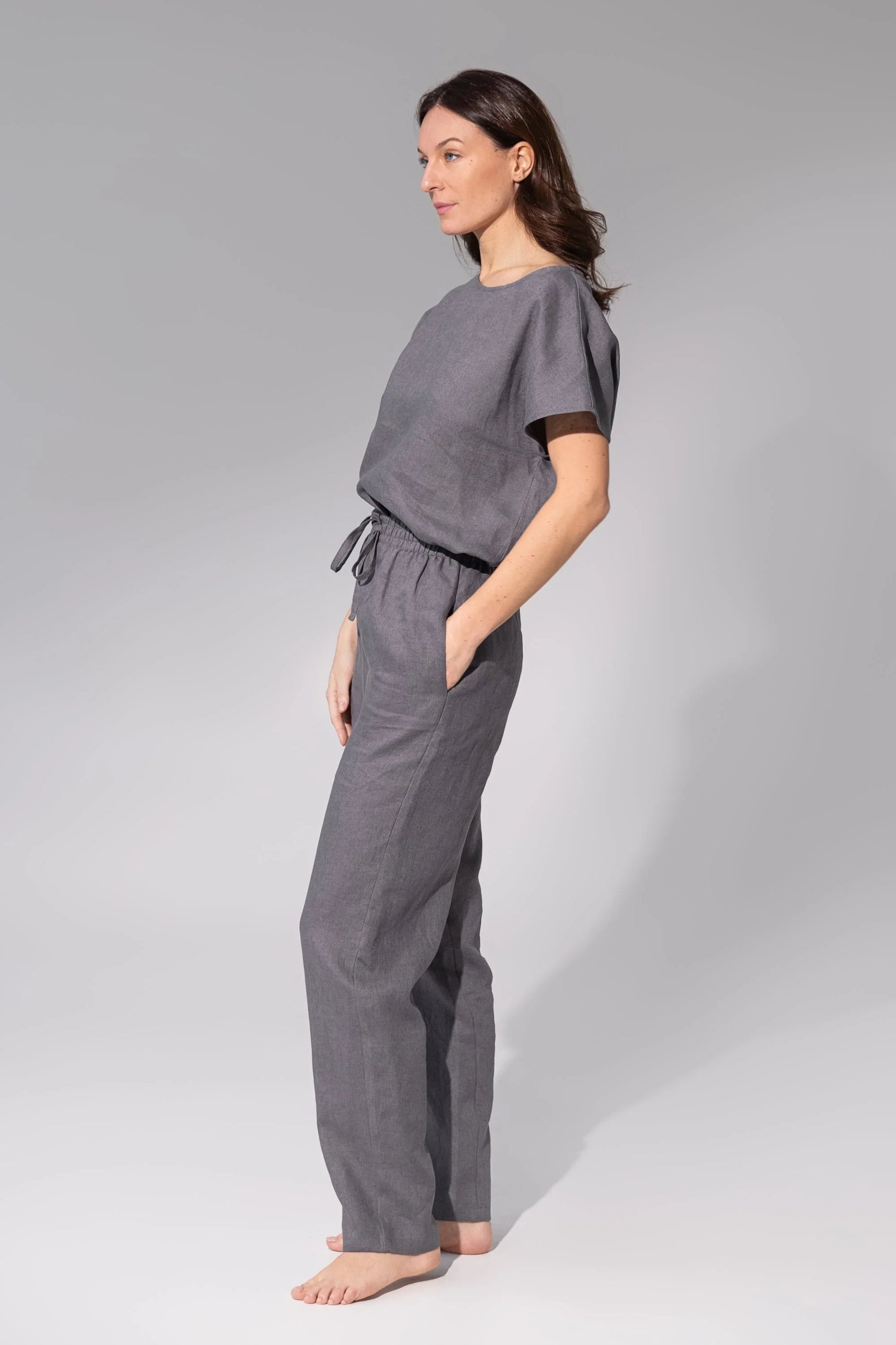Striped Dark Grey linen / Natural Linen Pajama set / Linen loungewear - Which Mark