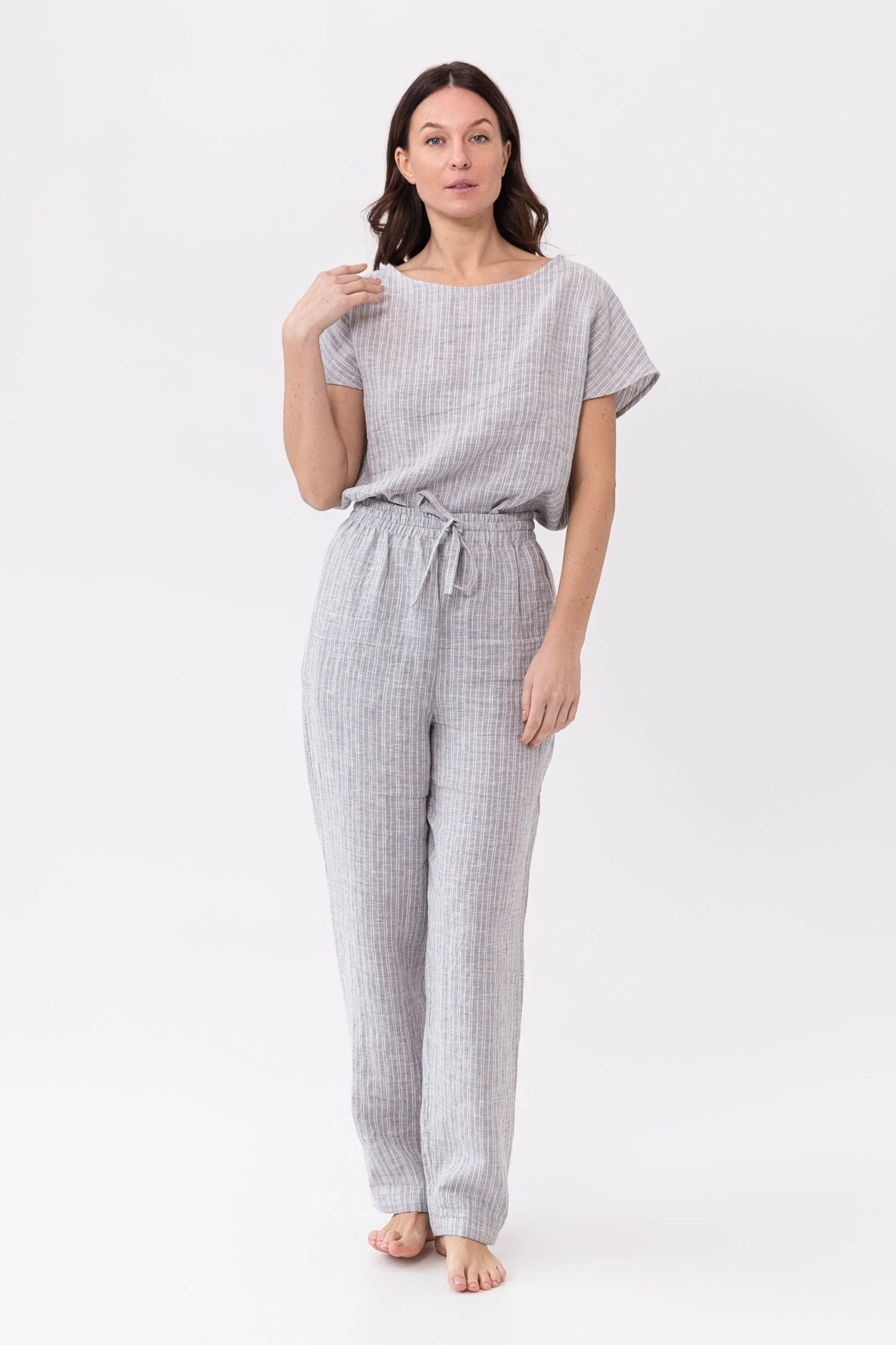 Cloudy Grey Stripe linen / Natural Linen Pajama set / Linen loungewear - Which Mark