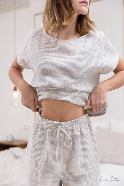 Striped Dark Grey linen / Natural Linen Pajama set / Linen loungewear - Which Mark
