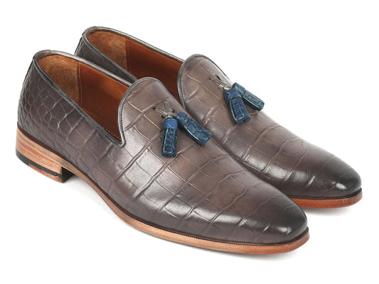 Paul Parkman Men's Gray Crocodile Embossed Calfskin Tassel Loafer - Which Mark