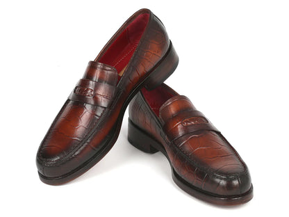 Paul Parkman Brown Crocodile Embossed Calfskin Penny Loafers - Which Mark