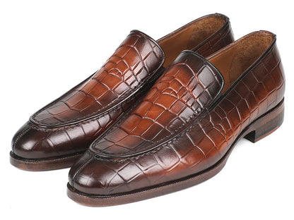Paul Parkman Brown Burnished Crocodile Embossed Calfskin Loafer - Which Mark